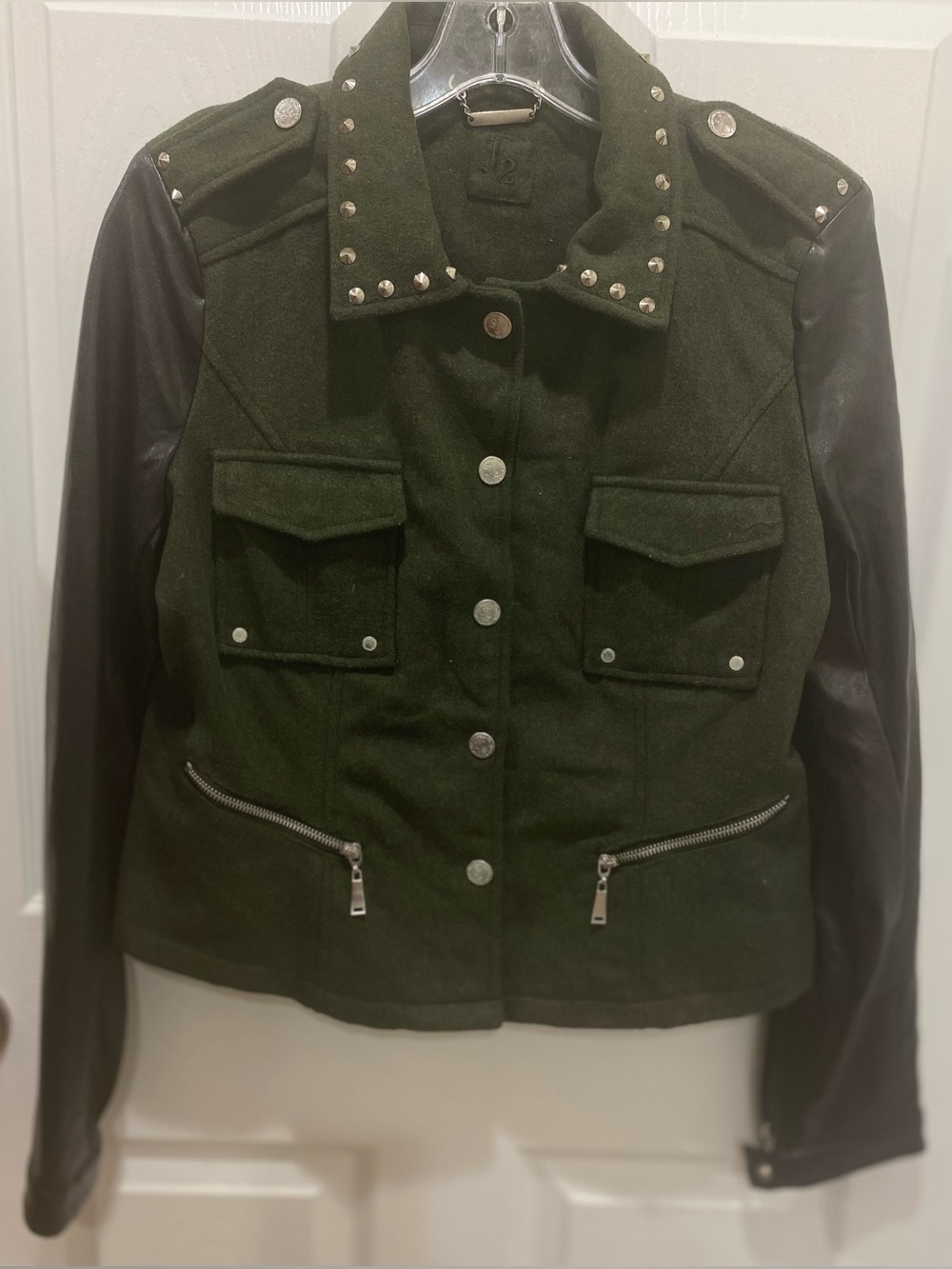 Studded Olive Utility Jacket with Black Sleeves wool coat size L